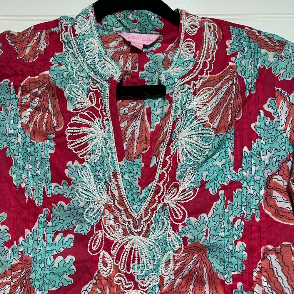 Lilly Pulitzer Women's Beaded Tunic Top, pink and blue, cover up, preppy, XS - Picture 7 of 9